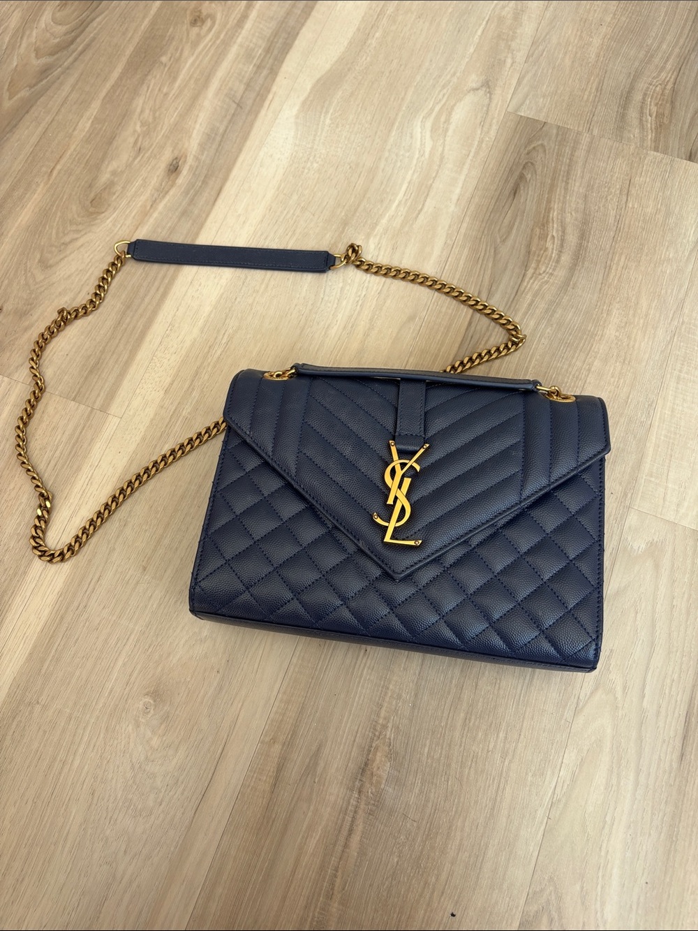Yves Saint Laurent Quilted Navy Leather Envelope Shoulder Bag with Gold Hardware